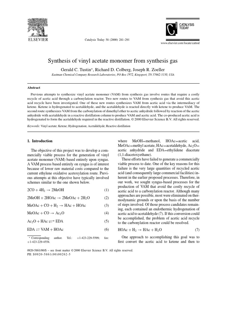 Synthesis of Vinyl Acetate Monomer From Syntesis Gas Tustin PDF