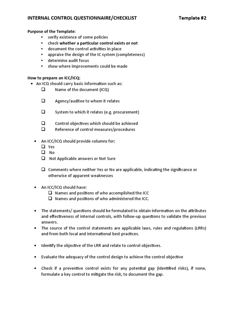 INTERNAL CONTROL QUESTIONNAIRE TEMPLATE | PDF | Internal Control ...