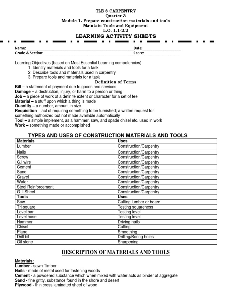 Carpentry Tools and Materials Overview | PDF | Foot (Unit) | Inch