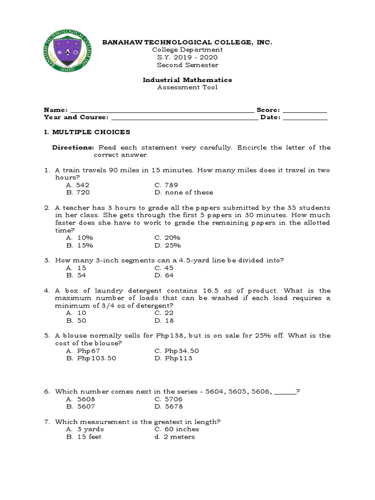 Industrial Mathematics Assessment Tool | PDF | Kilogram | Metrology