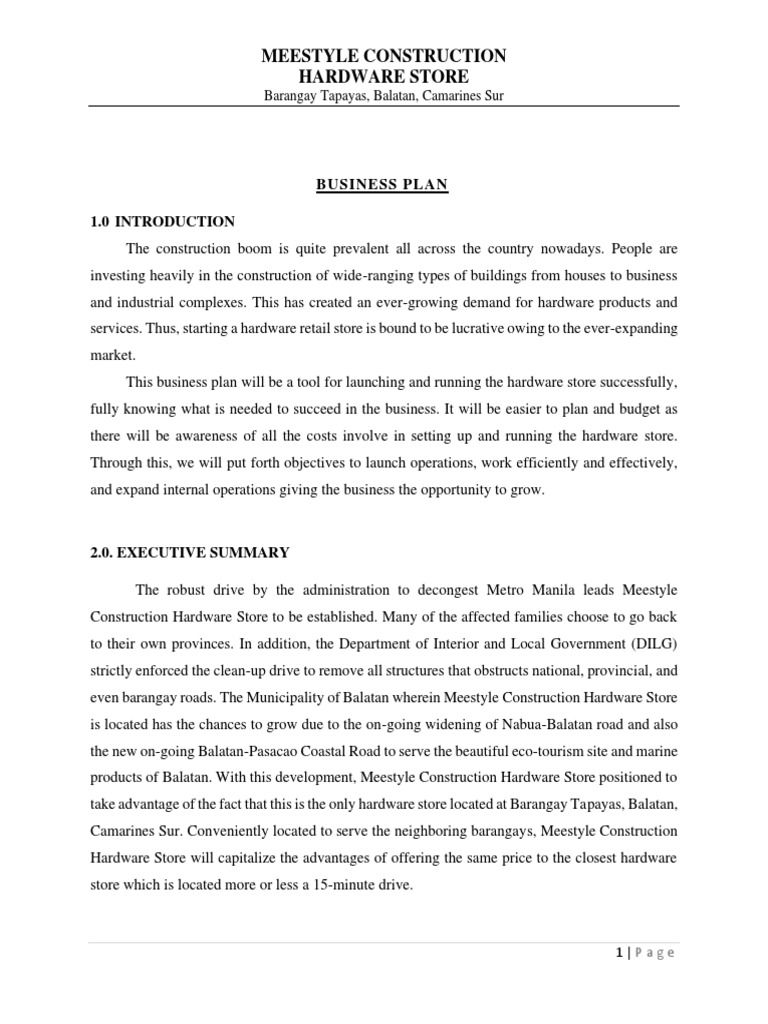 Construction Hardware Store Business Plan Pdf Inventory Economies