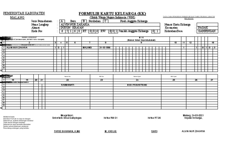 Formulir Kartu Keluarga Malang 2021 | PDF