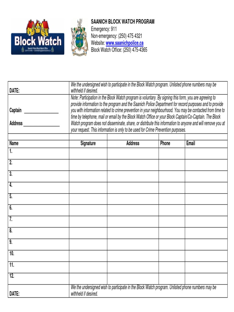 Saanich Block Watch Program Signup | PDF | Crime & Violence | Crime ...