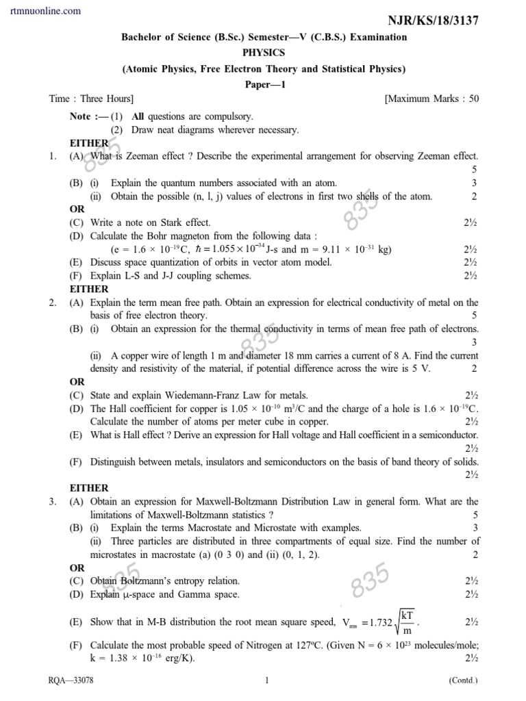 Bachelor of Science (B.SC.) Semester-V (C.B.S.) Examination Physics ...