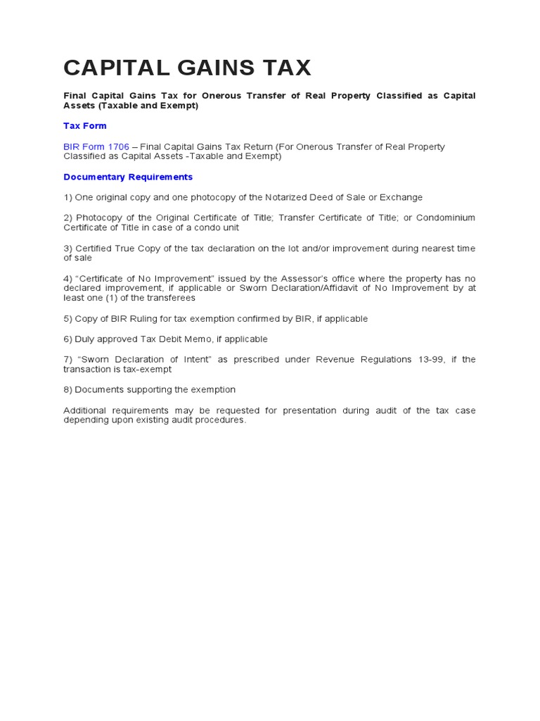 Documentary Requirements of Bir Taxes PDF Capital Gains Tax