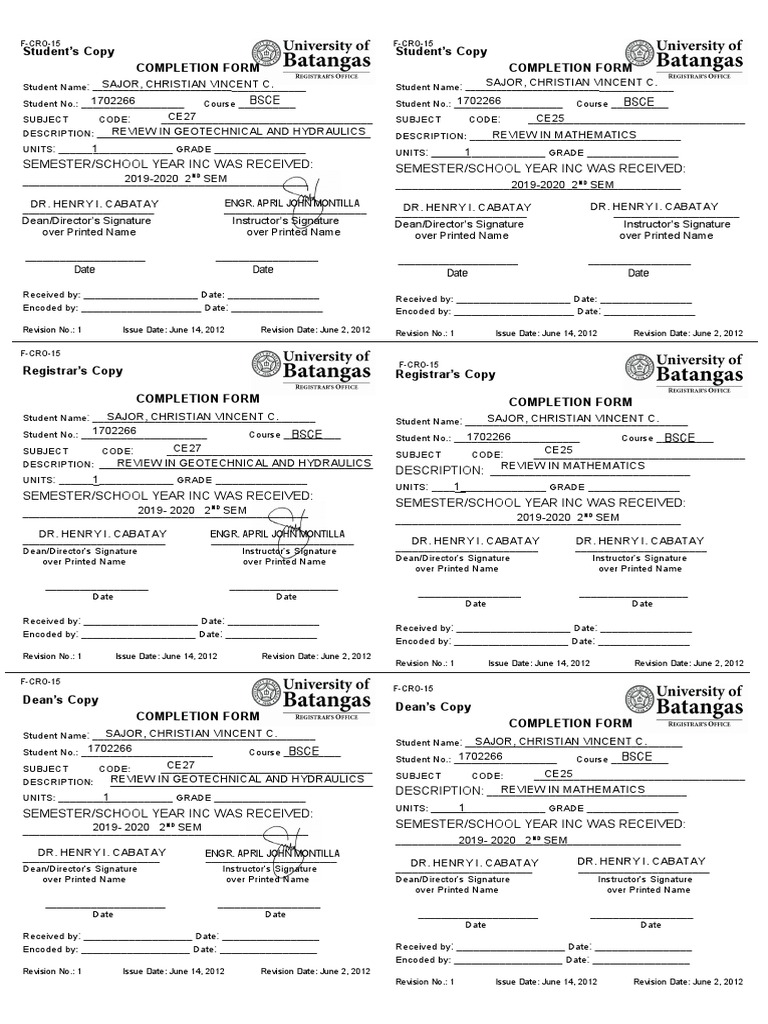 Student Completion Form Template | PDF