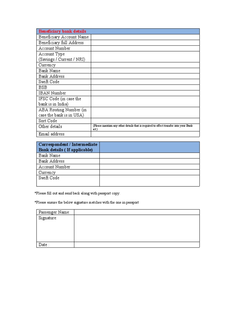 Beneficiary Bank Details Form | PDF