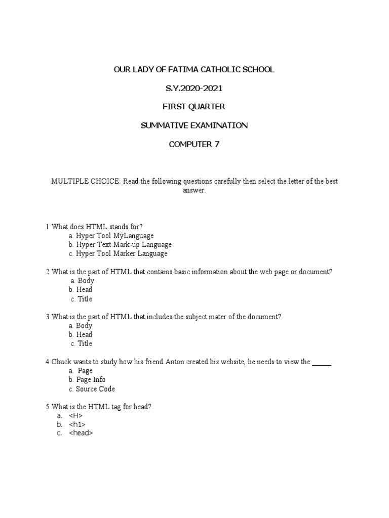 Grade 7 1st Quarter Computer Summative | PDF | Html | World Wide Web