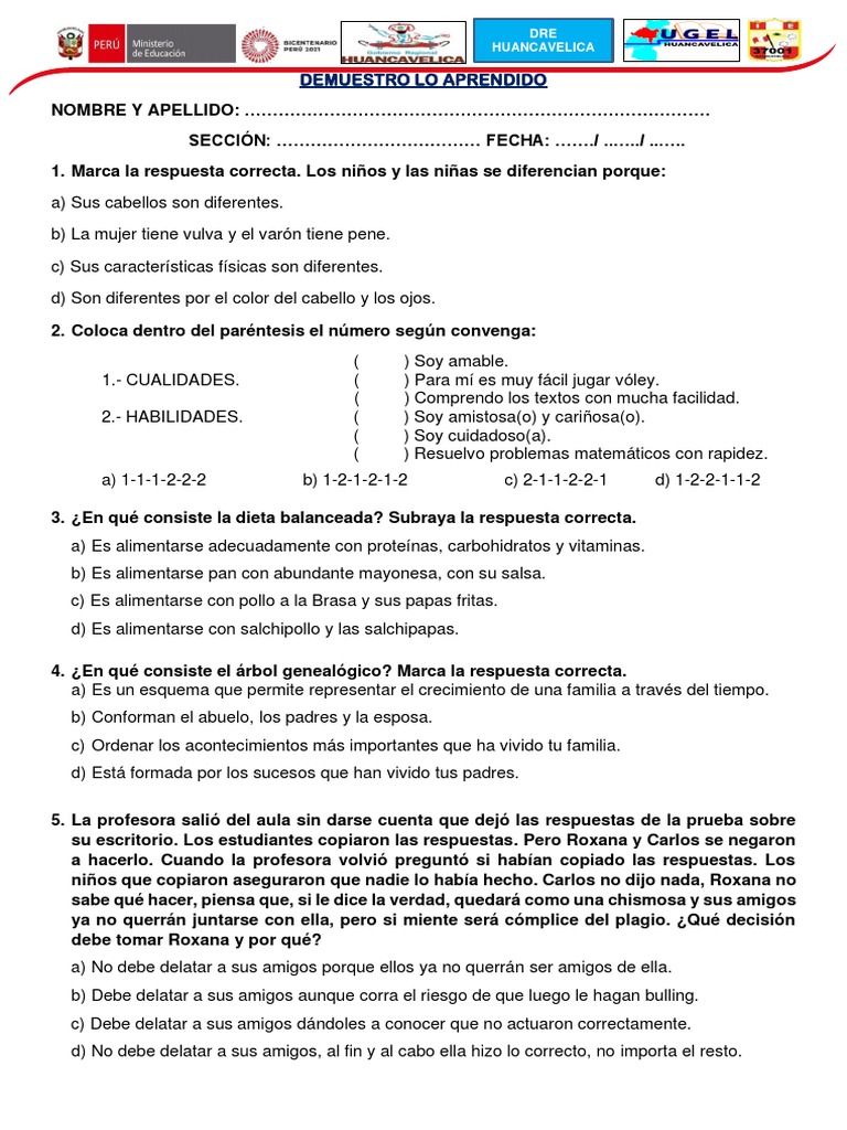 Examen de Personal Social Quinto Grado | PDF