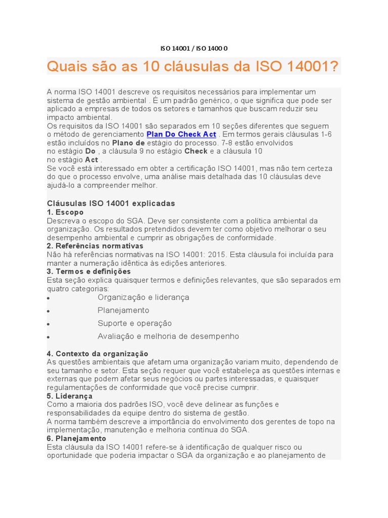 As 10 cláusulas da ISO 14001 explicadas | PDF | ISO 9000 | Business
