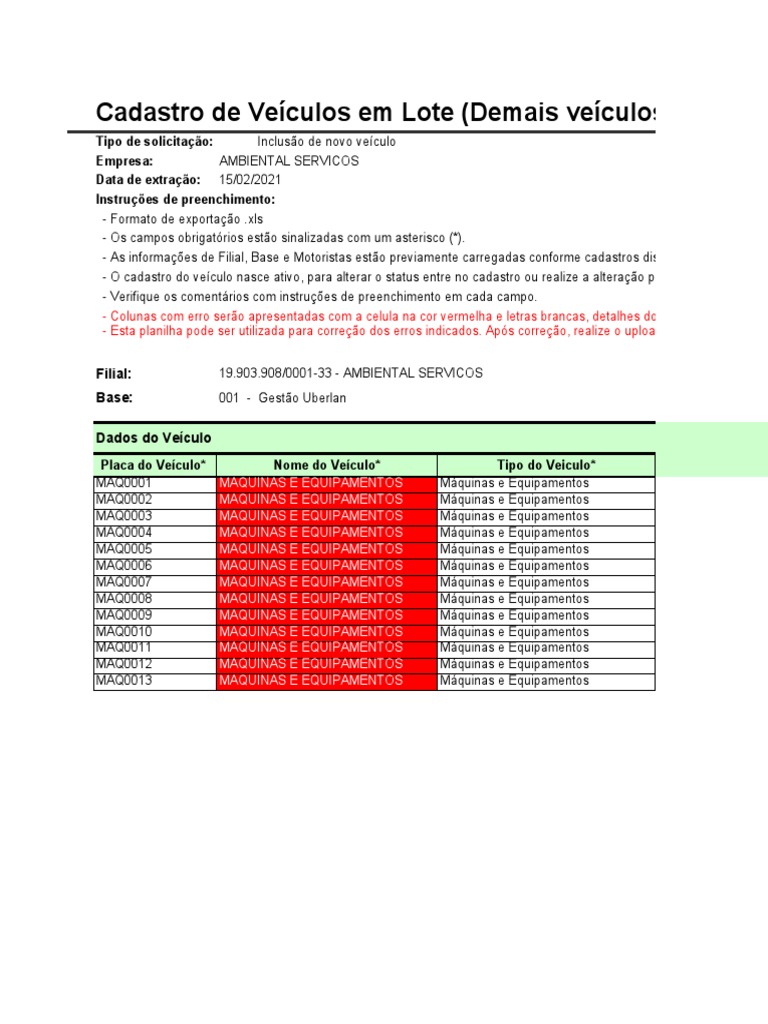 Template Inserir Demais Veiculos Erro | PDF | Máquinas | Bens