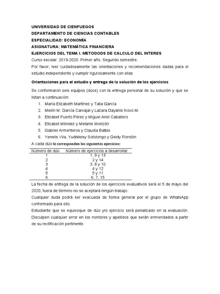 Ejercicios de Matemática Financiera 2020 | PDF | Interés | Tasas de interés