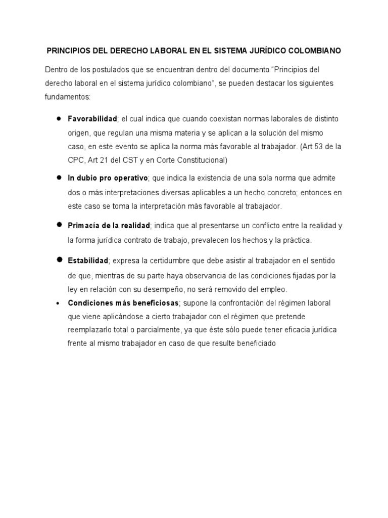 Principios del Derecho Laboral Colombiano | PDF