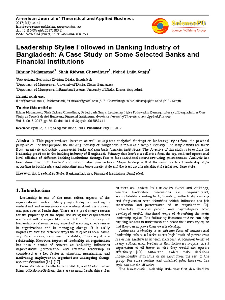 Leadership Styles in Bangladesh Banking | PDF | Leadership | Goal