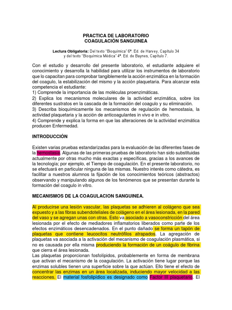 Practica de Laboratorio Coagulación Sanguínea | PDF | Coagulación ...