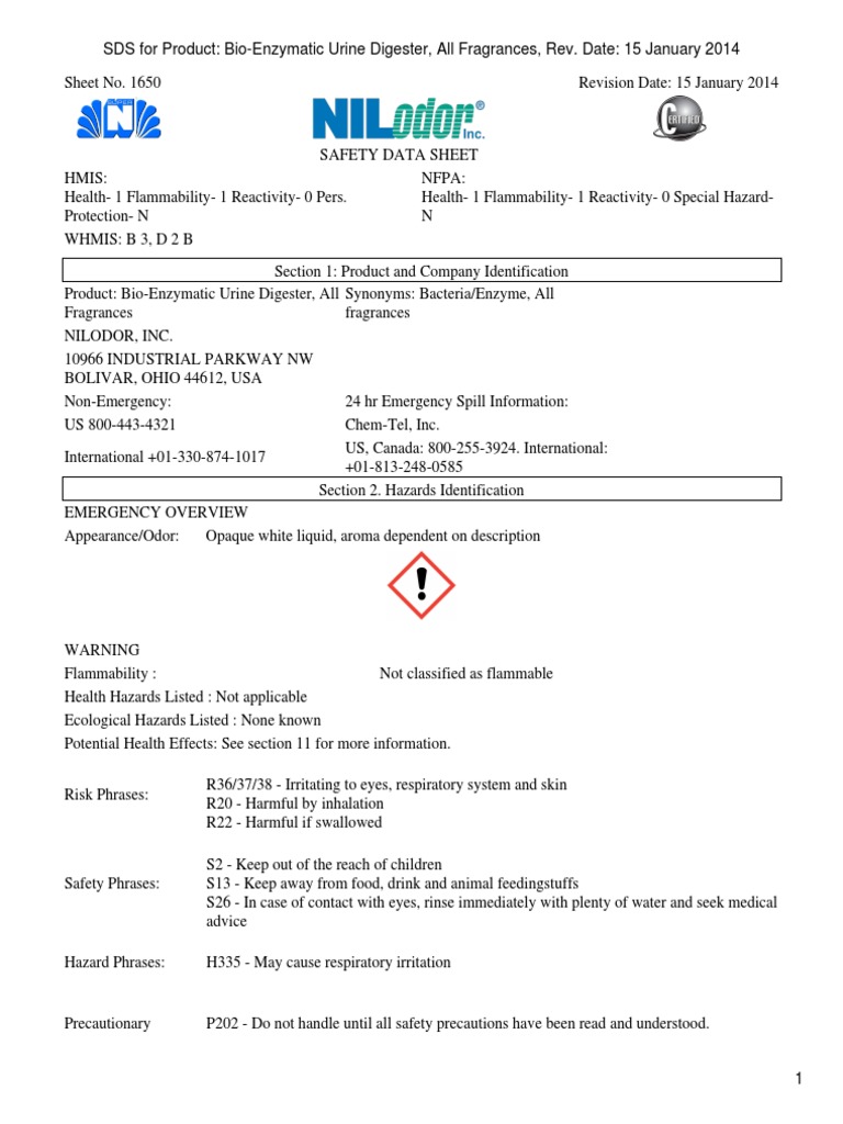 SDS MSDS 000012 BioEnzymatic Urine Digester 2009 0114