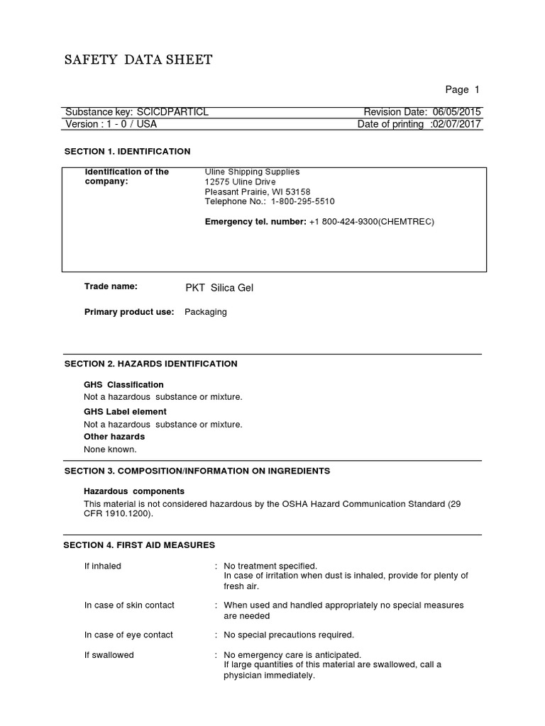 SDS MSDS 000035 Desiccants (Tyvek Bag) (Desi Pak) 1995 0217 Uline PDF Hazardous Waste