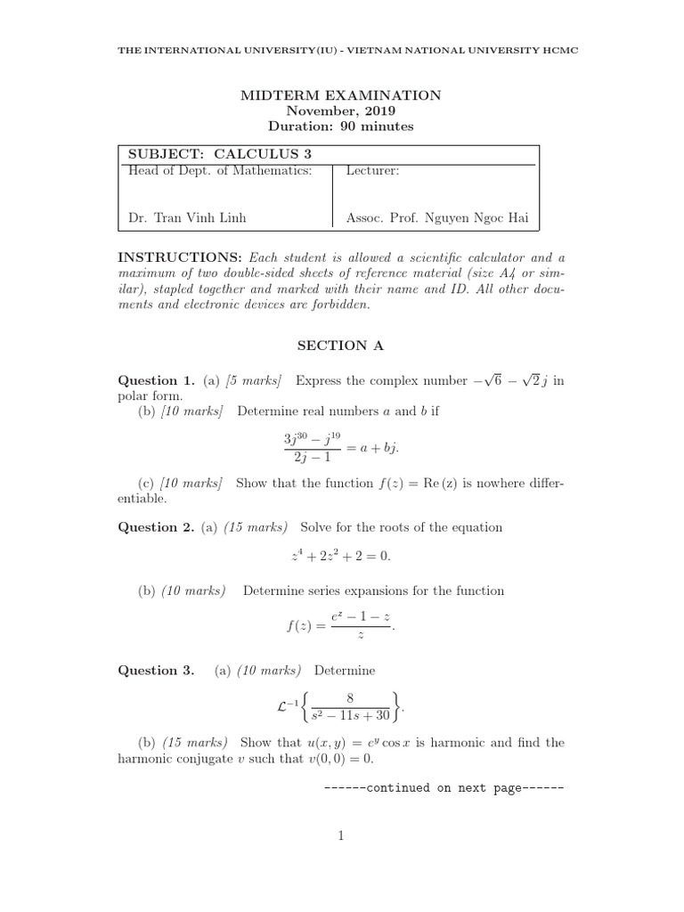 Cal 3 IU Midterm Exam - 11 - 2019 Qs | PDF | Differential Calculus ...