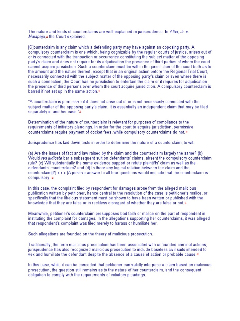Determining the Nature of a Counterclaim: Compulsory vs. Permissive ...