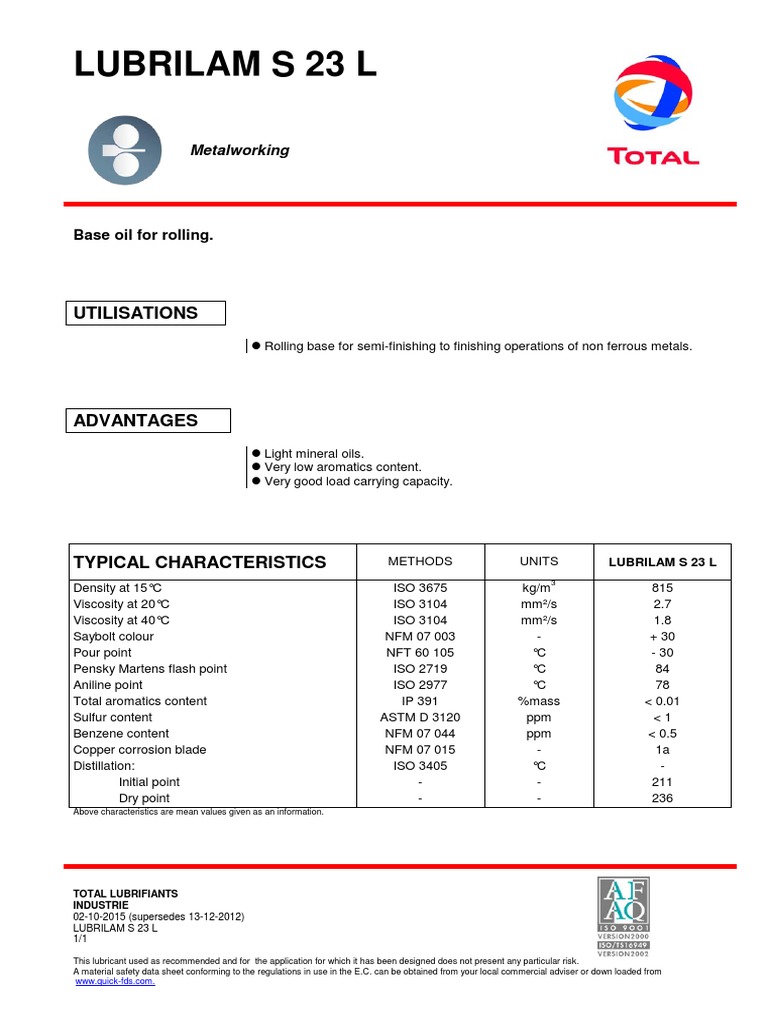 TDS - Total - Lubrilam S 23 L - 560 - 201510 - en | PDF | Chemical ...