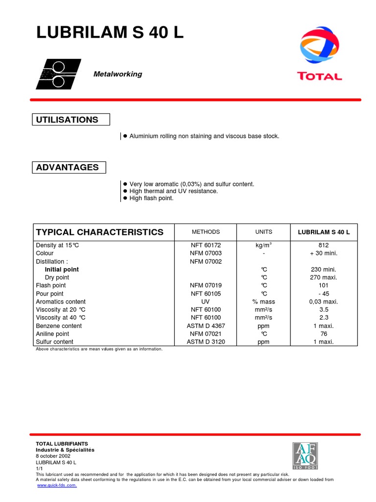TDS - Total - Lubrilam S 40 L - 1as - 201412 - en | PDF | Viscosity ...