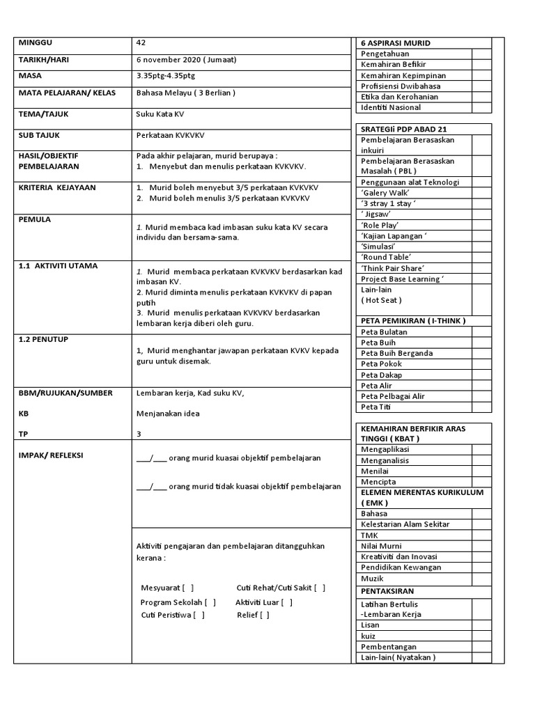 RPH Pemulihan BM 2020 THN 3 TS25 | PDF