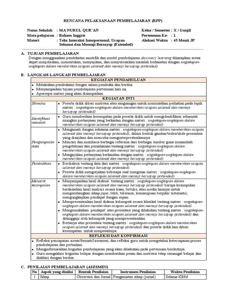 RPP 2 - Teks Interaksi Interpersonal - Ucapan Selamat Dan Memuji