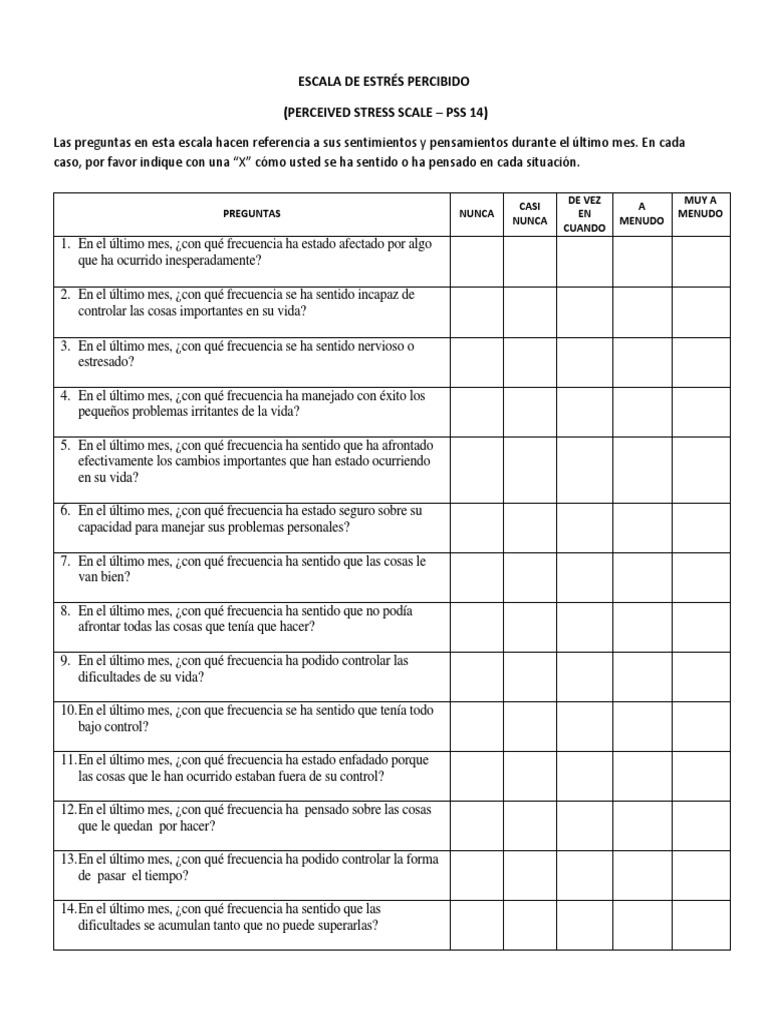 Cuestionario PSS-14 de Estrés Percibido | PDF | Relaciones personales ...