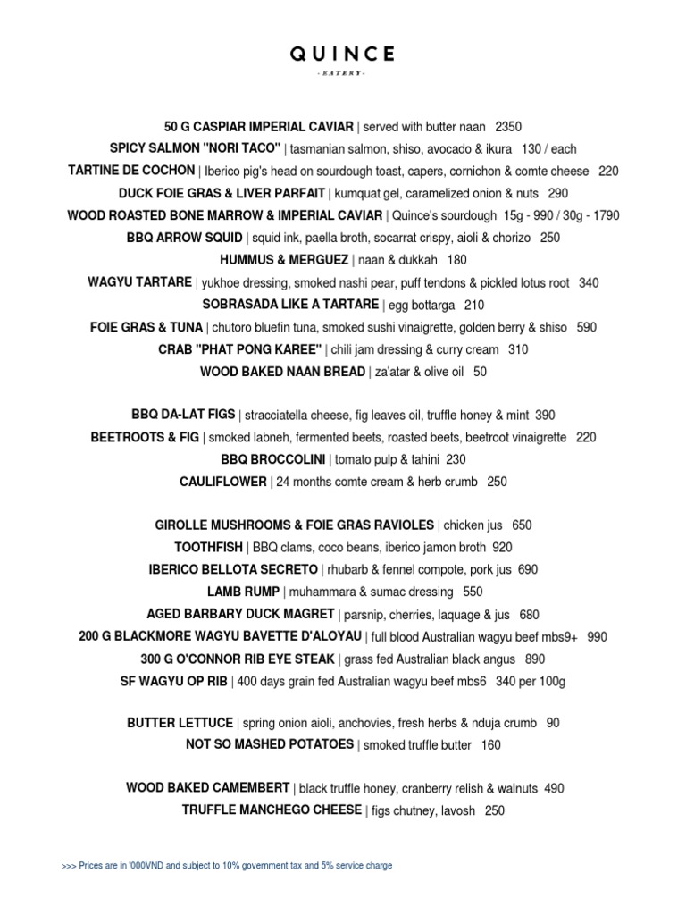Quince Saigon Menu and Prices | PDF | Cuisine | Cooking