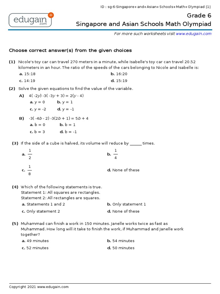 Grade 6 Singapore and Asian Schools Math Olympiad: Choose Correct ...