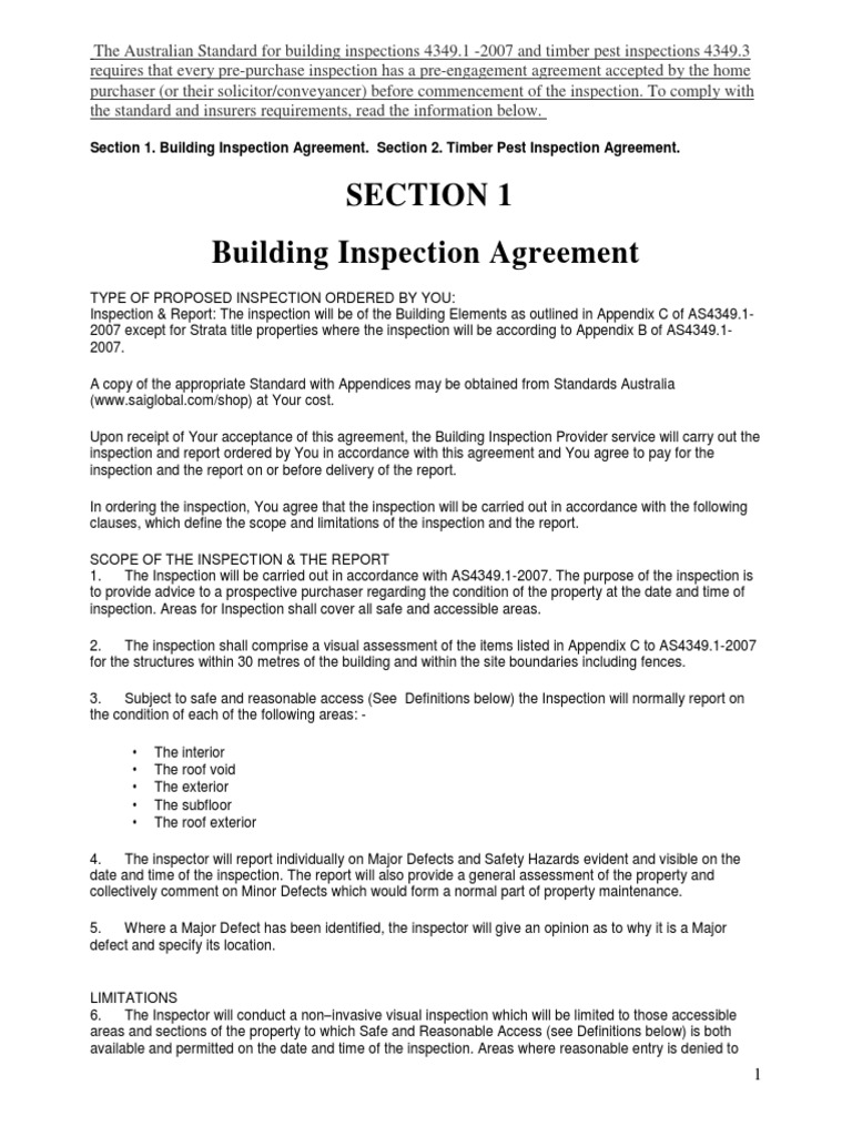 Section 1 Building Inspection Agreement | PDF | Indemnity | Mediation