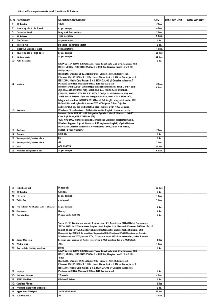 Office Equipment List (SAMPLE) PDF Usb Desktop Computer