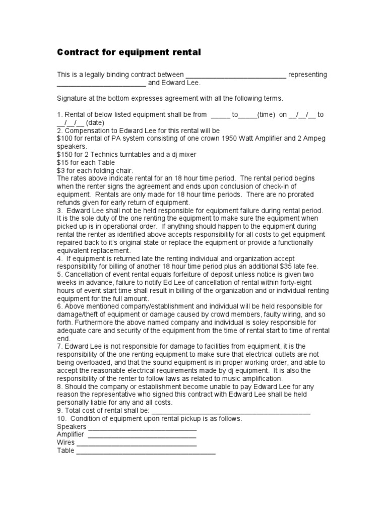 Equipment Rental Agreement Terms | PDF | Renting | Fee