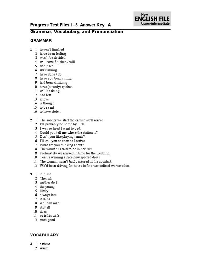 Progress Test Files 1-3 Answer Key A Grammar, Vocabulary, and ...