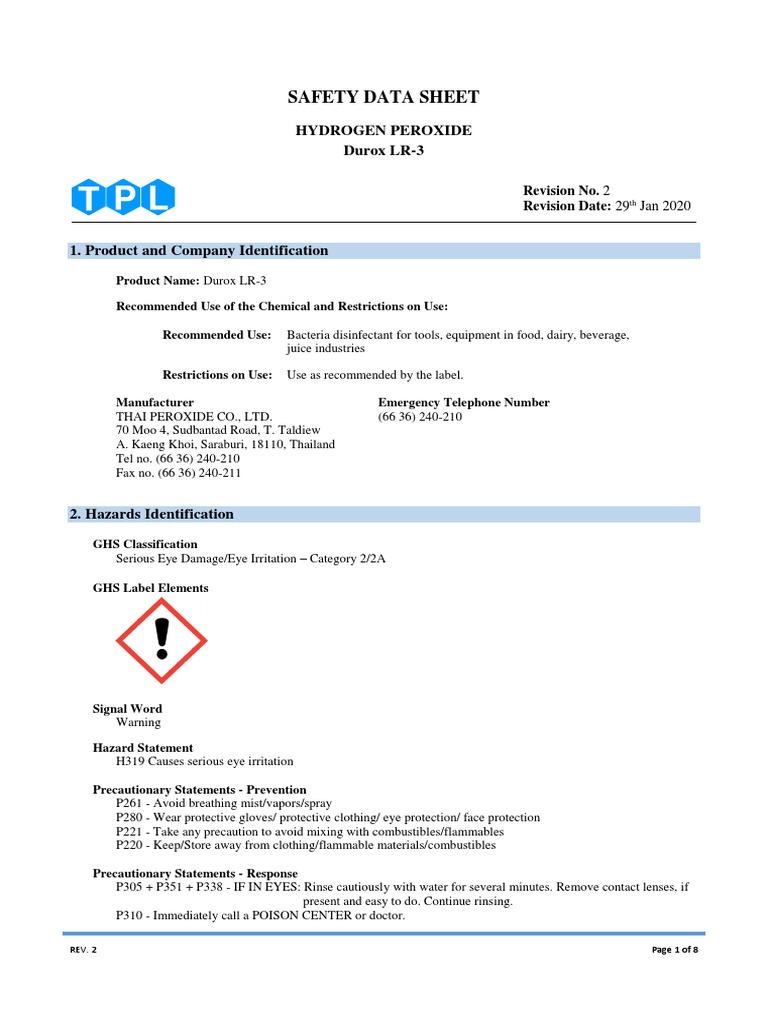 Safety Data Sheet Hydrogen Peroxide Durox LR3 PDF Hydrogen Peroxide Firefighting