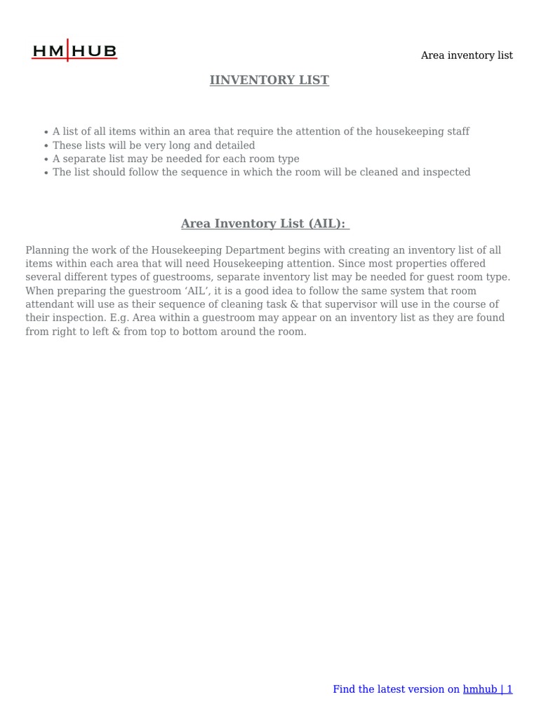 Area inventory list plan housekeeping work with a detailed checklist PDF