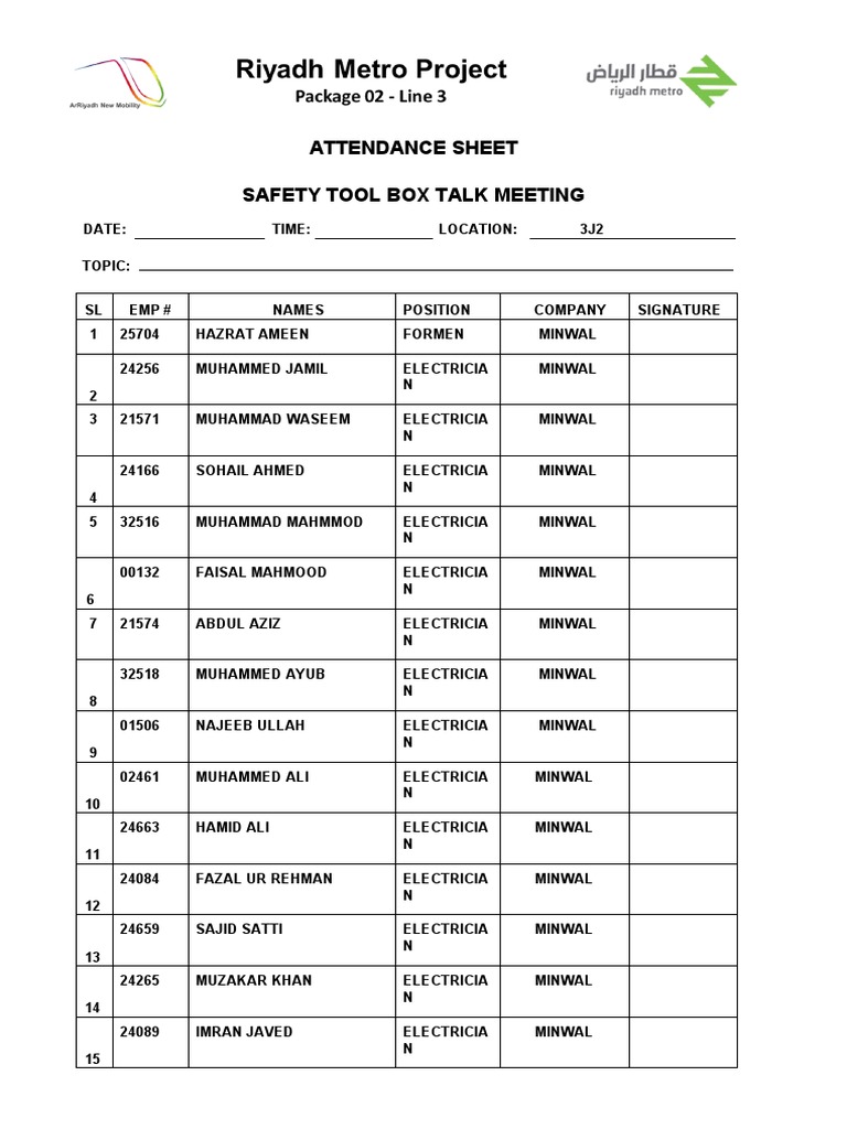 ESafety Tool Box Meeting Attendance Sheet PDF Violence