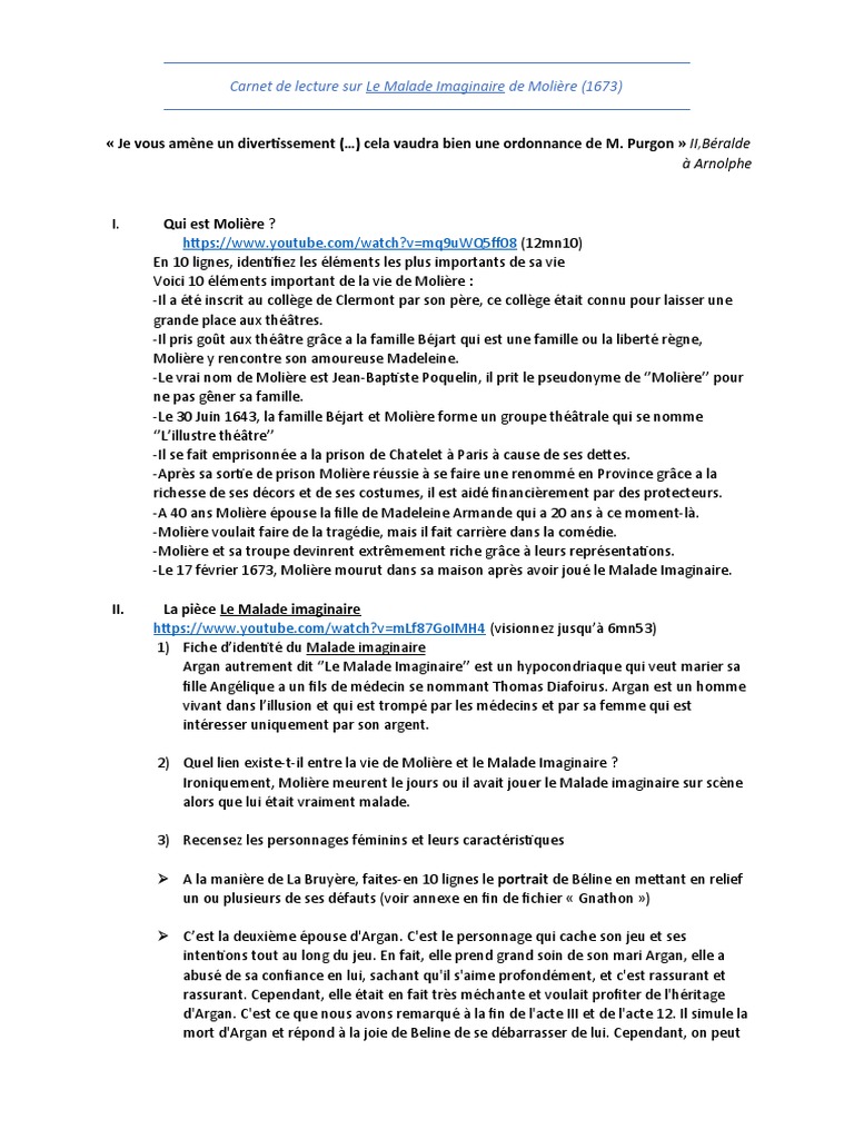 Le Fils De Molière Résumé Par Chapitre Carnet de Lecture MI Fiche Élève | PDF | Molière | Classicisme
