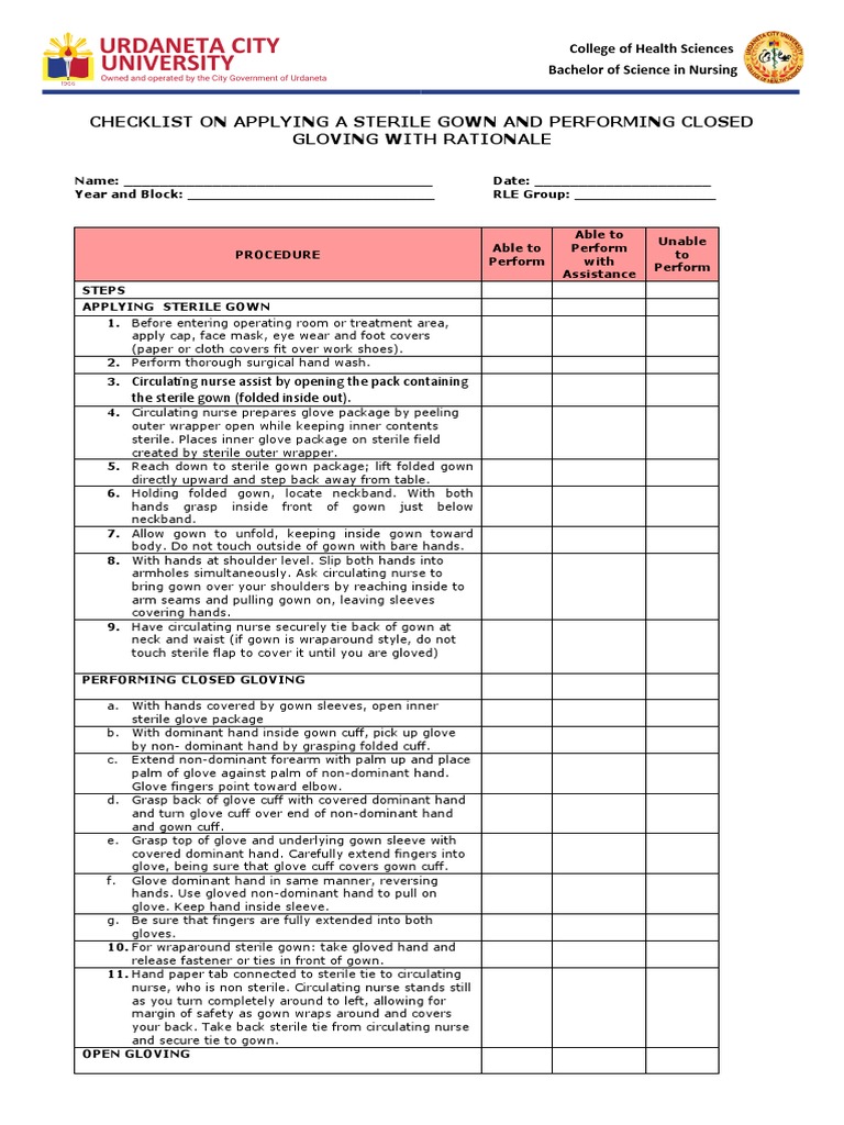 CHECKLIST Gowning and Gloving PDF Hand Glove