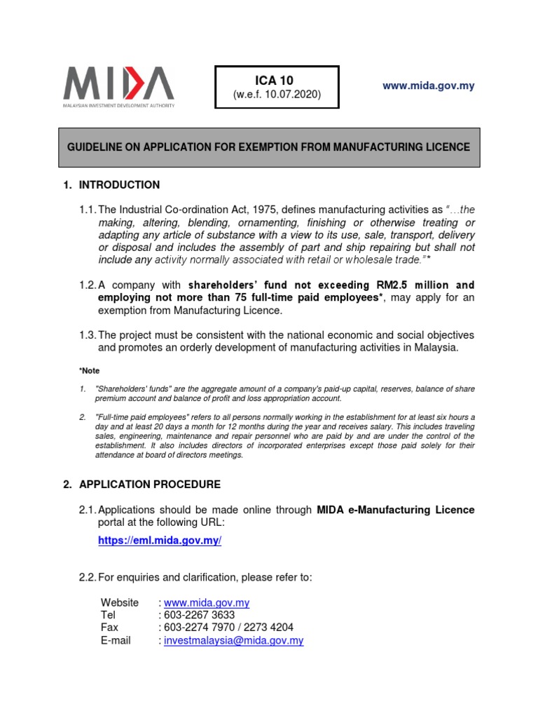 MIDA ICA 10 Manufacturing License Exemption | PDF | Business | Finance ...