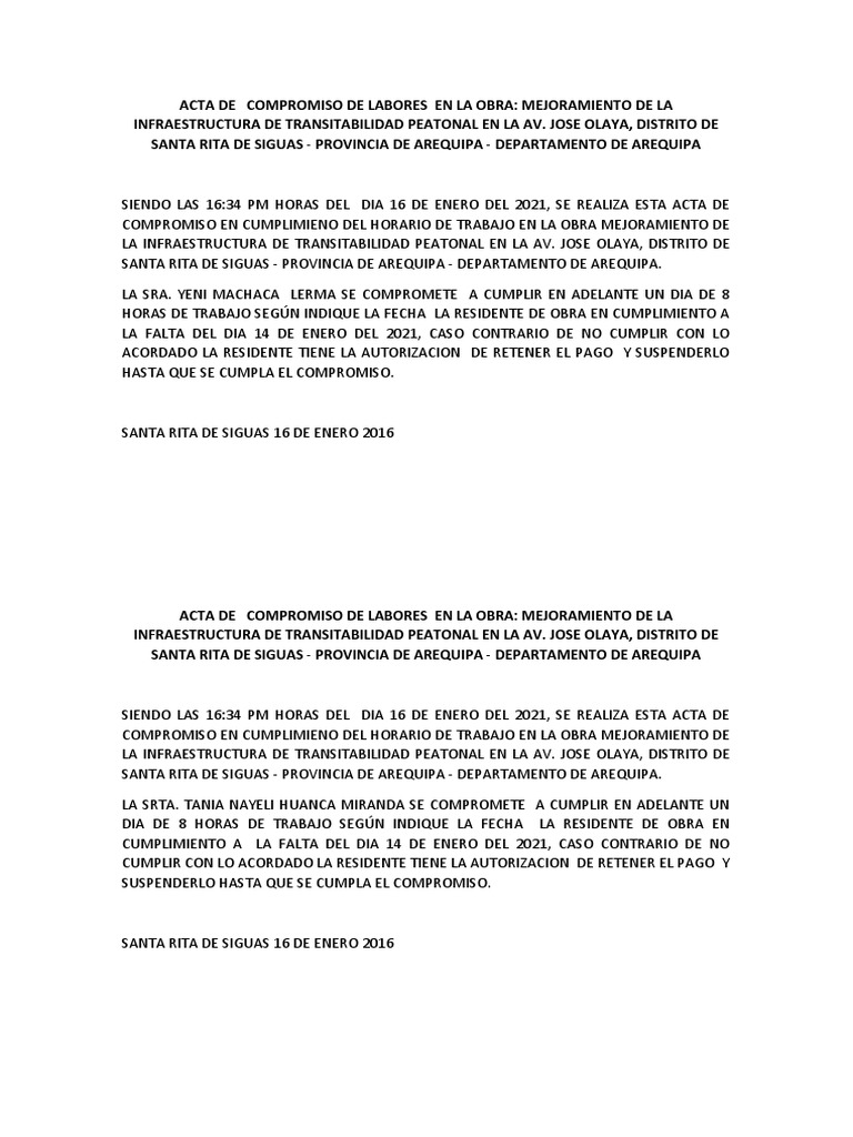 Acta de Compromiso de Trabajo Peatonal | PDF | Finanzas y dinero ...