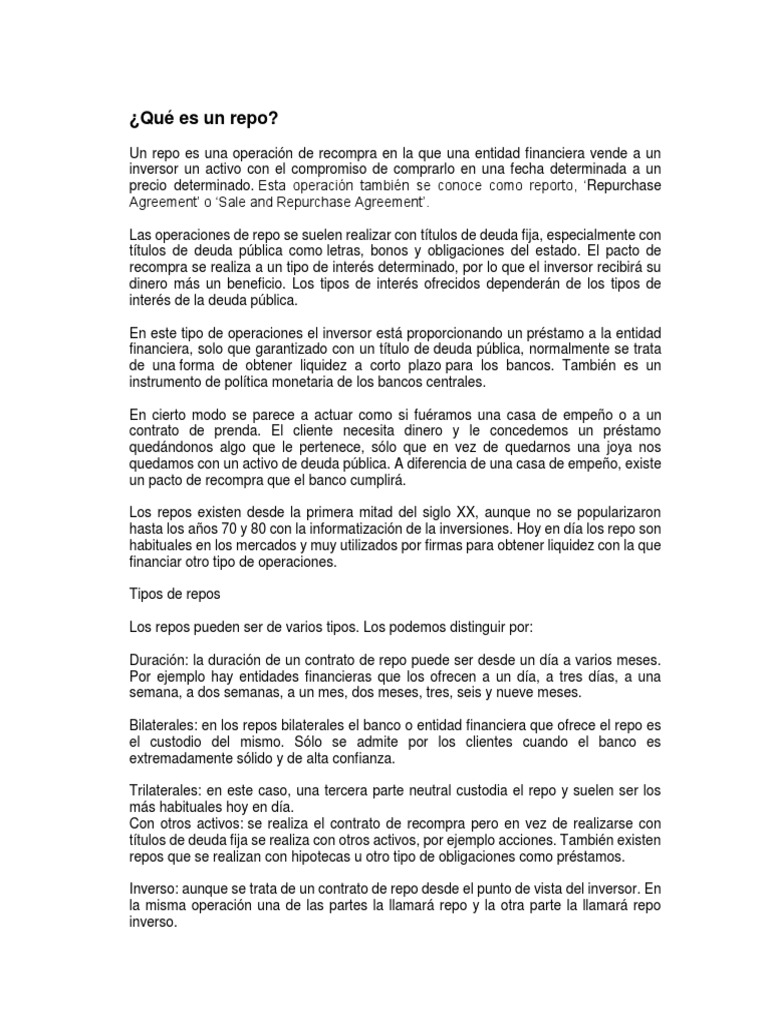 Qué es un repo y sus tipos | PDF | Deuda gubernamental | Bancos