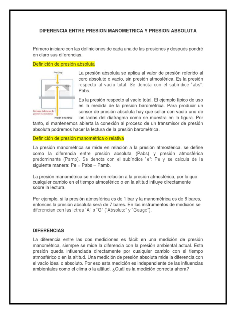 ¿Cuál Es La Diferencia Entre Presión Absoluta Y Presión Atmosférica ...