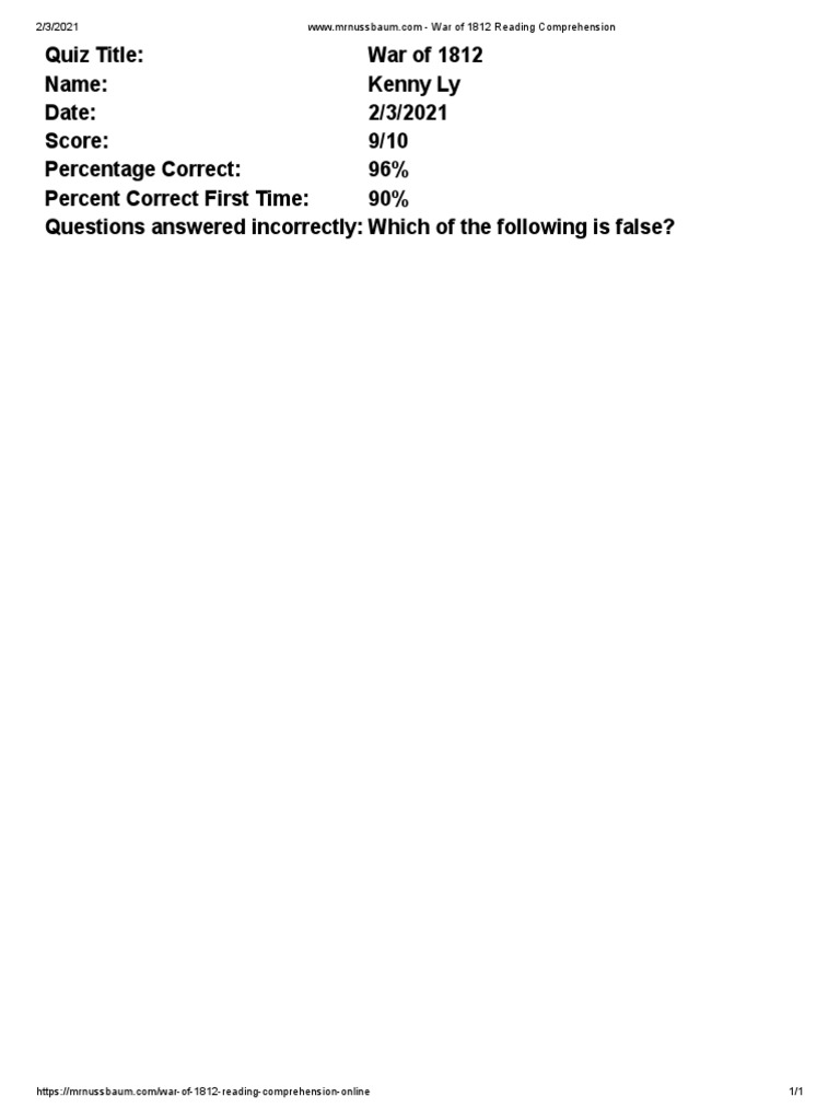 Mr. Nussbaum - War of 1812 Reading Comprehension - Online | PDF | War ...