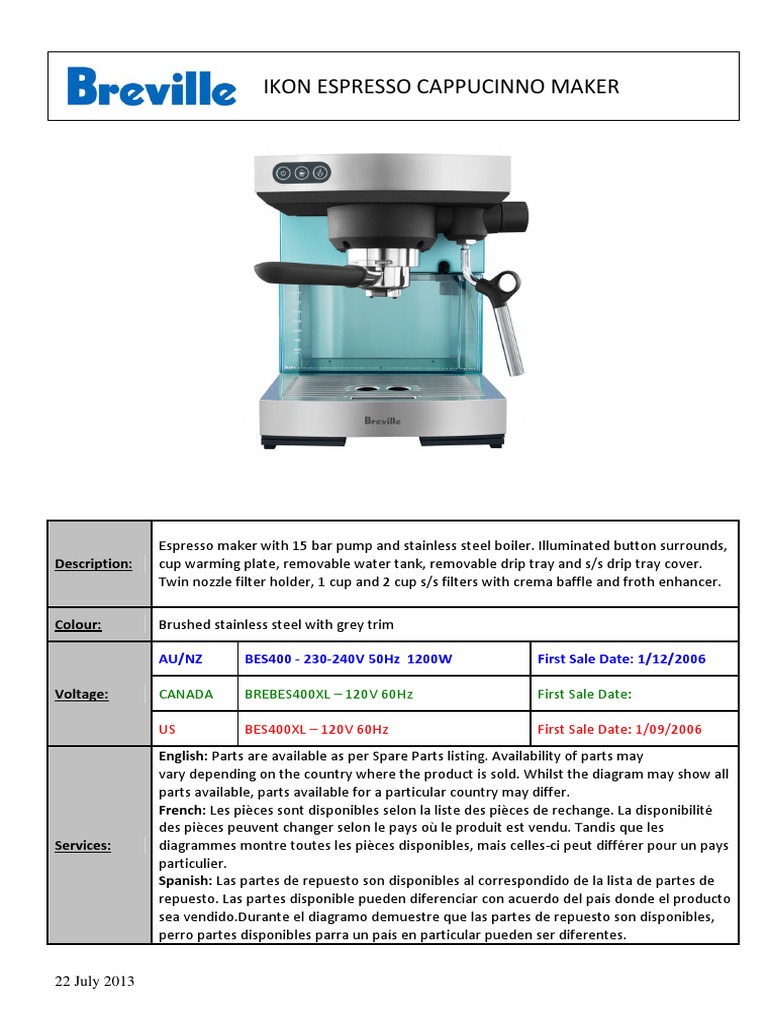 Breville BES400XL PDF Energy Technology Manufactured Goods