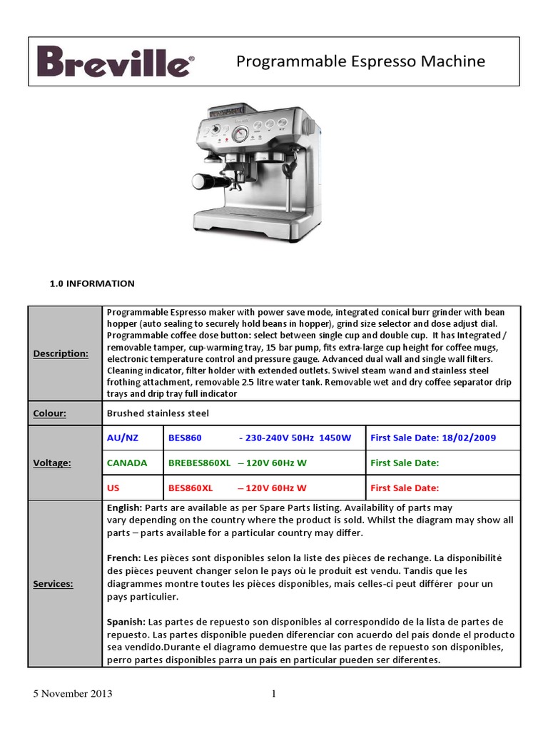 Breville BES860XL PDF Tools Manufactured Goods