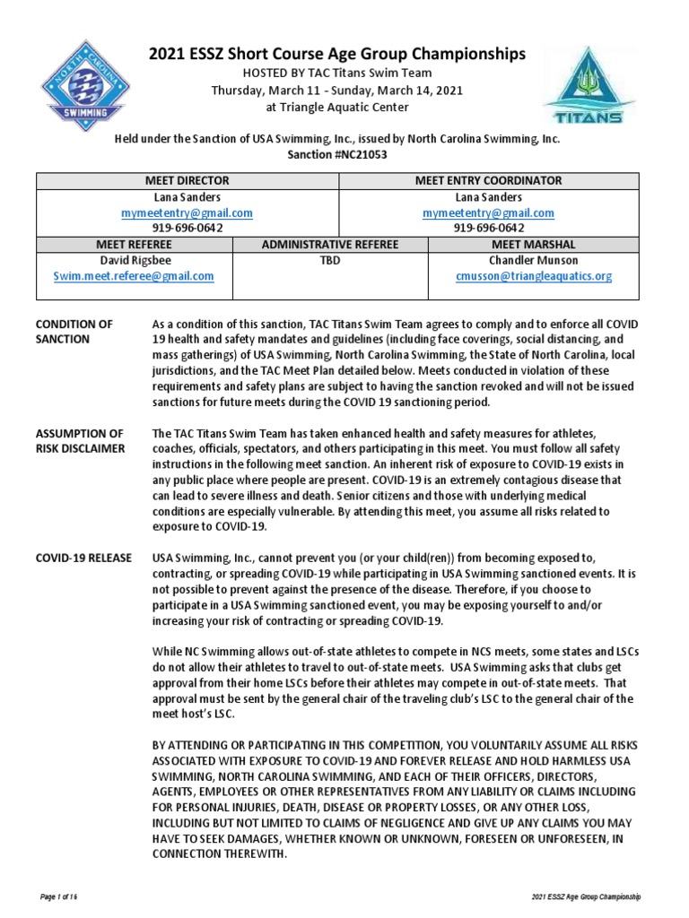 2021 ESSZ Short Course Age Group Championships PDF Swimming (Sport