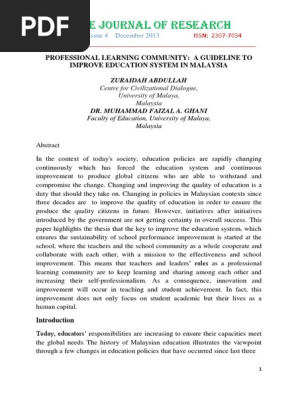 1. PROFESSIONAL LEARNING COMMUNITY  A GUIDELINE TO IMPROVE EDUCATION SYSTEM IN MALAYSIA