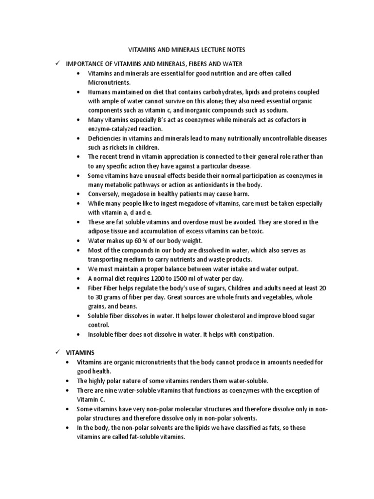 Vitamins and Minerals Lecture Notes PDF Vitamin Vitamin A