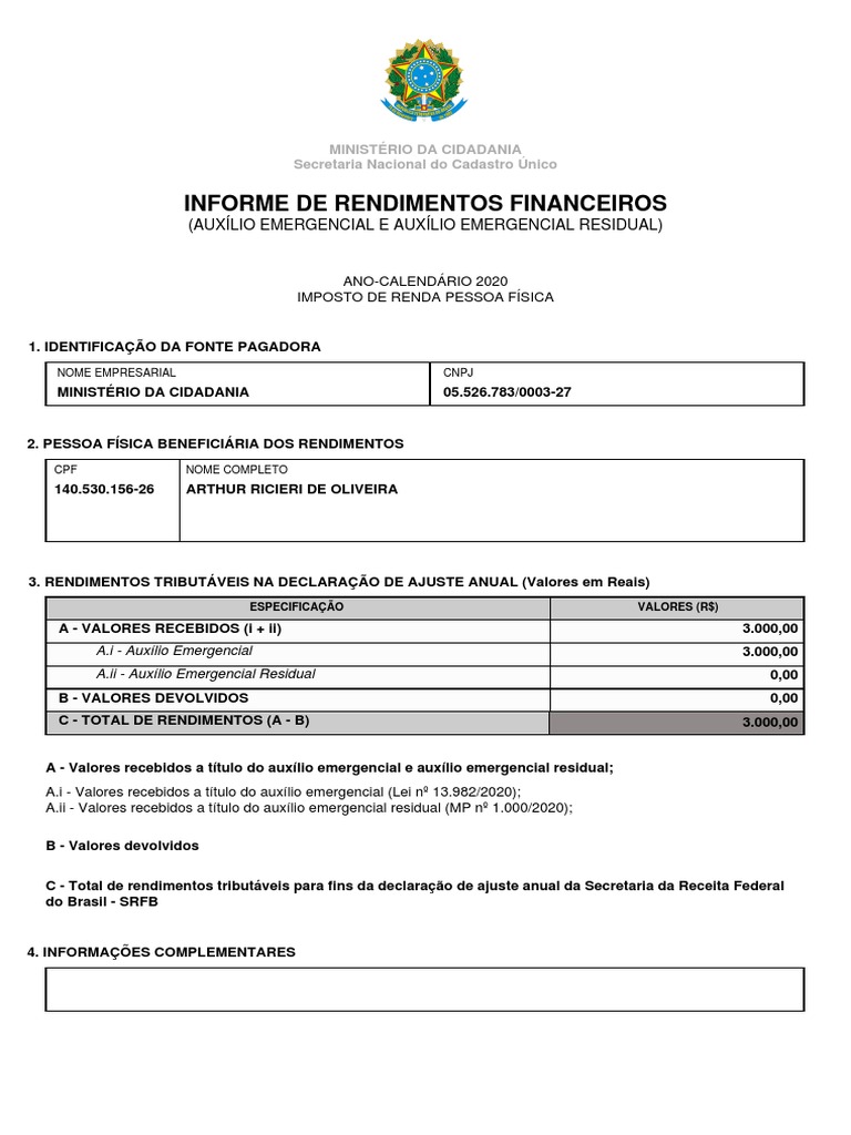 Informe de Rendimentos 2020 CNPJ 05.526.783/0003-27 | PDF